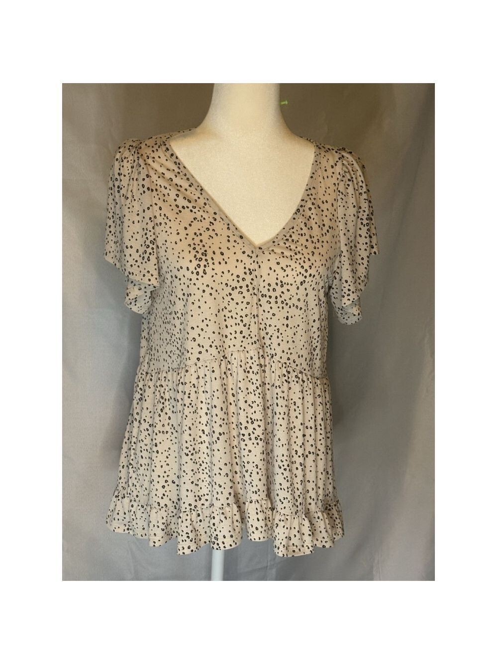 V-Neck Dalmatian Print Babydoll Top Boho Flutter Sleeve Tiered Ruffle Tunic